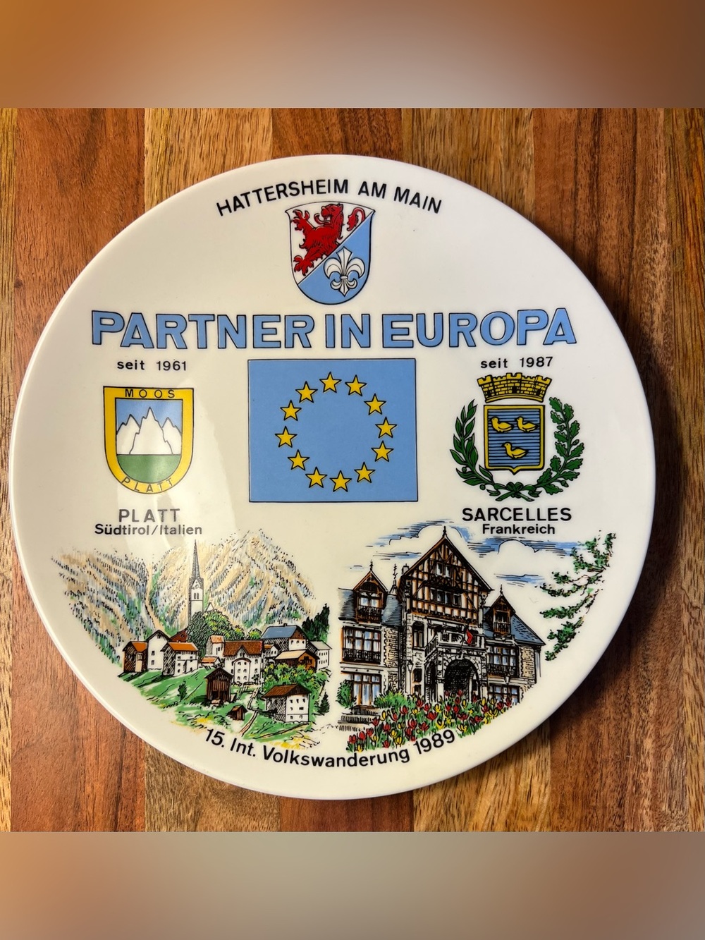 Vintage German Porcelain Plate Partner in Europa Hattersheim Volkswandern 1989